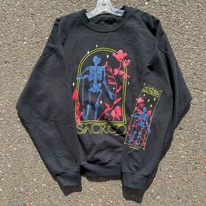 Black Graphic Crewneck Sweatshirt with Blue Skeleton and Pink Floral Motif